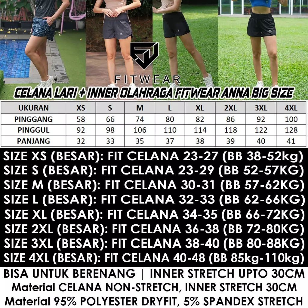 Fitwear - Celana Pendek + Inner Olahraga Wanita ANNA PRINTED BIG SIZE - KRT BLACK
