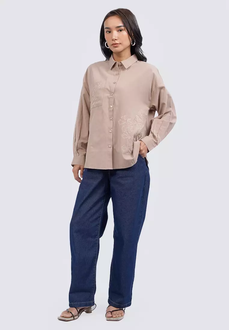 Embroidered Long Sleeve Blouse BROWN