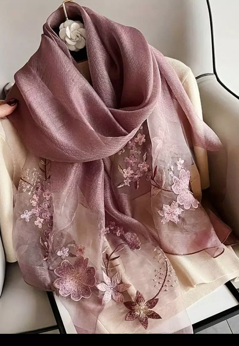Golden Thread Embroidery Flowery Silk Shawl Syal Sutra Wanita Plum