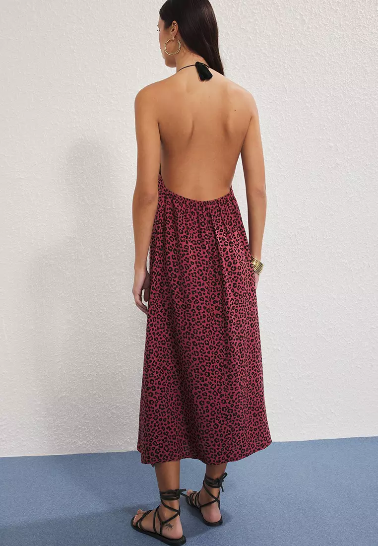 Patterned Woven Neck Tie Detail Beach Dress TBESS25EL00138