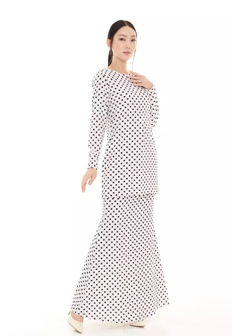 Rina Printed Kurung Modern in WHITE Pink Polka Dot
