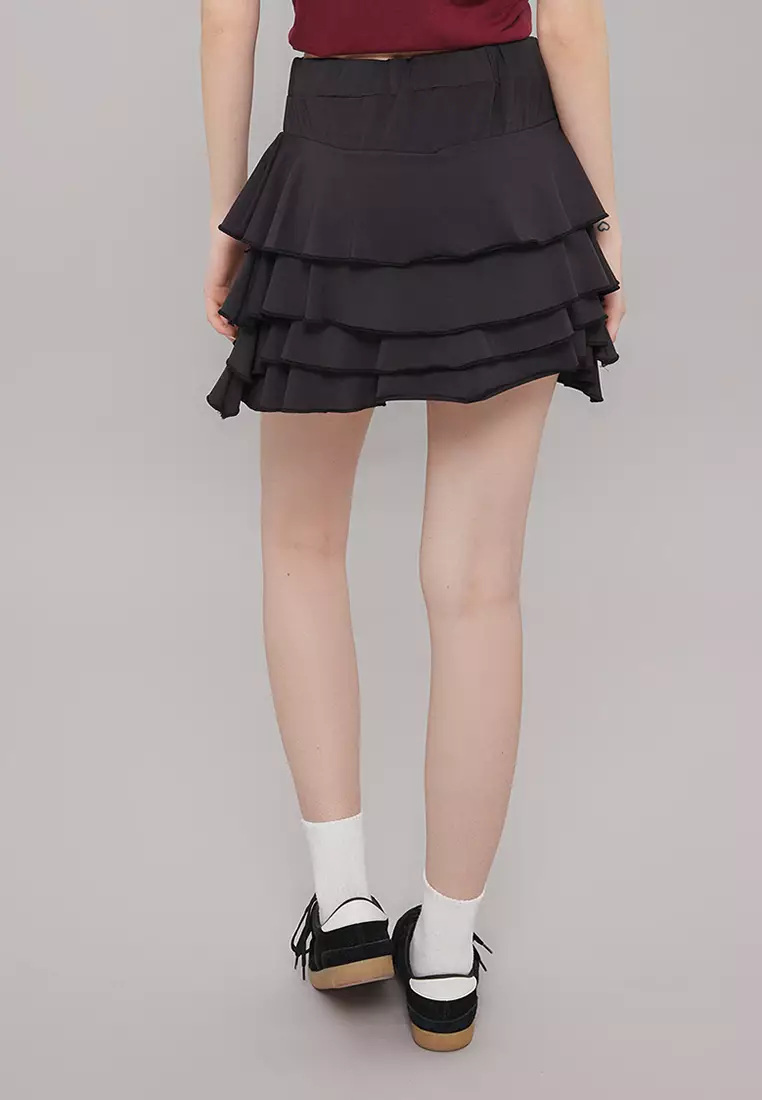 Black Plain Skirt With Ruffle Mini Elastic Knitted Skirt