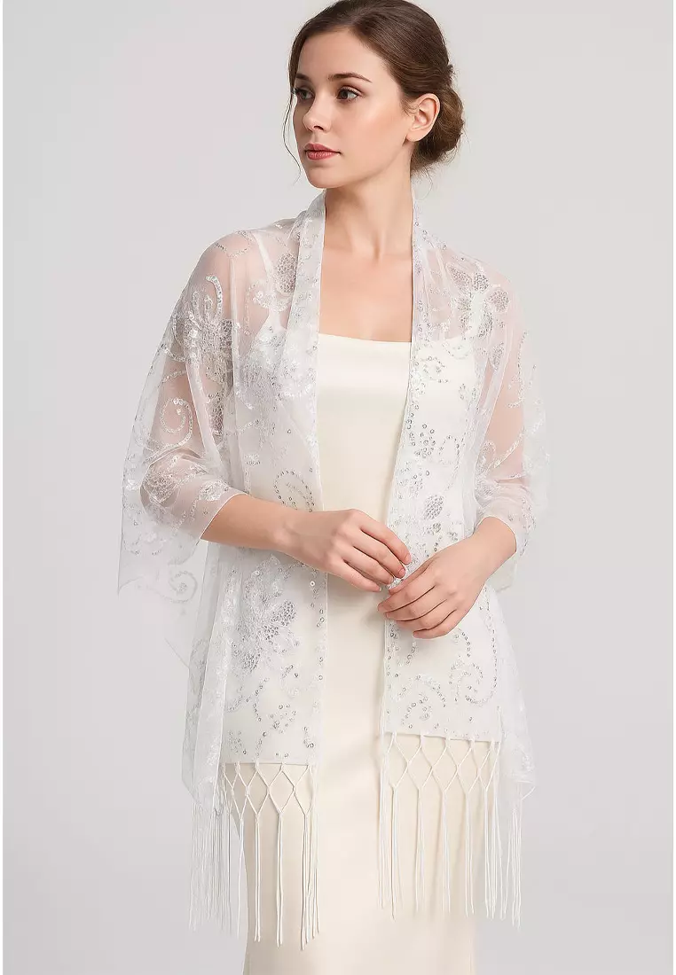 Aksesoris Wanita Sahana Flower Gold Sequinn Lace  Fringed Evening Shawl Syal Pesta Wanita Snow White