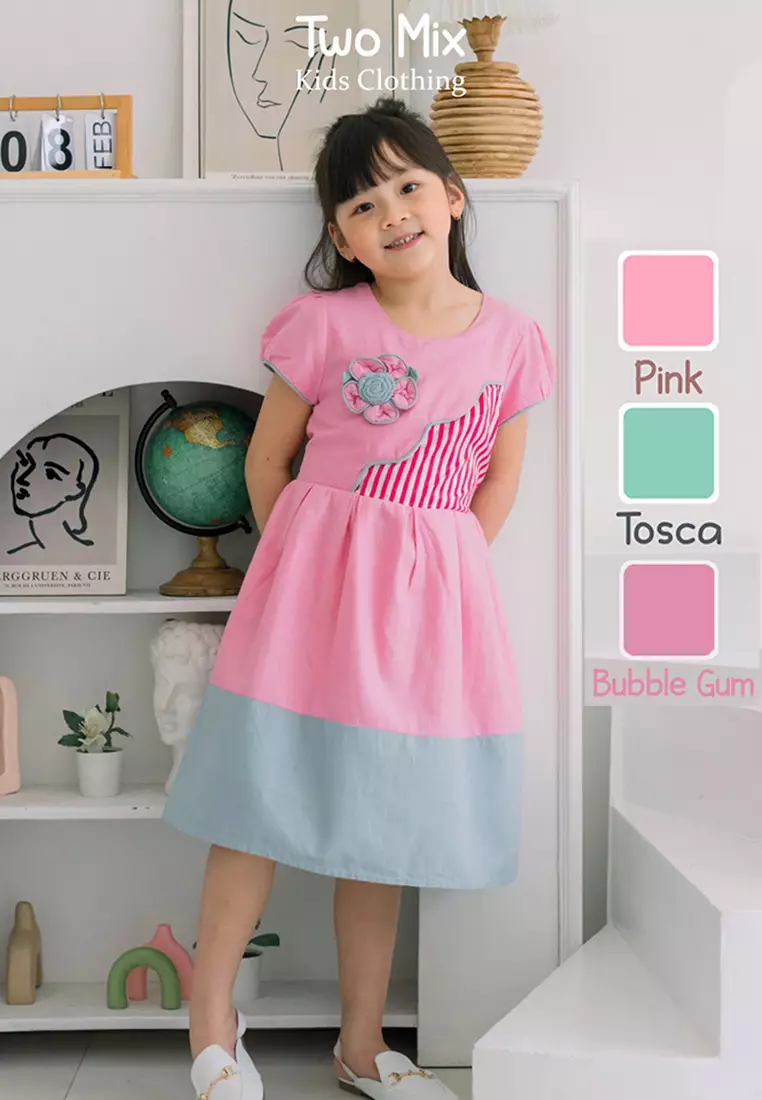 Two Mix Dress Anak Fashion Usia 1-12 tahun 4128 Bubble Gum