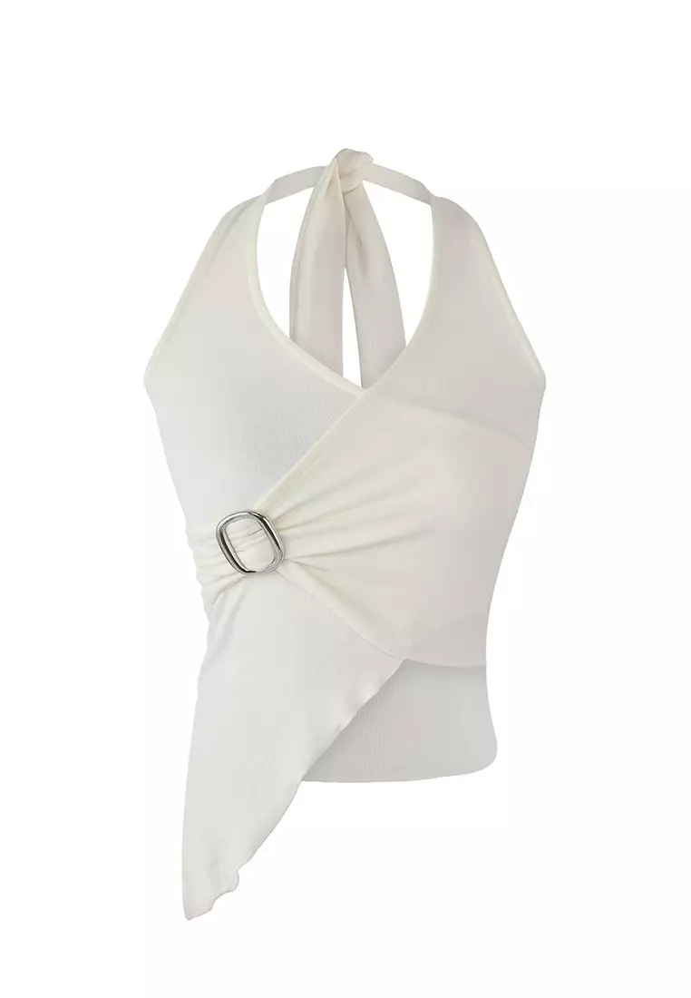 White Double-Breasted Collar Accessory Detailed Knitted Party Blouse