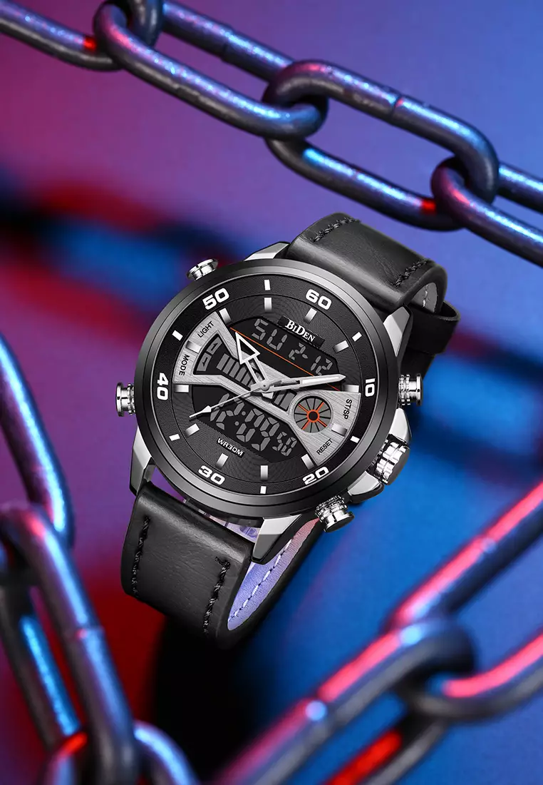 Jam Tangan Pria Olahraga Anti Air Jam Analog&Digital Tali Kulit Minggu/Tanggal/Waktu Ganda Dial Original hitam