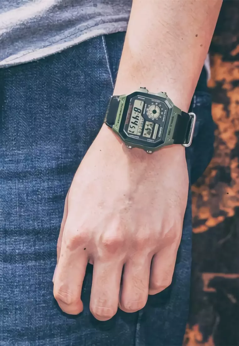 Casio - Jam Tangan Pria - Green - Canvas Strap - AE-1200WHB-3BVDF