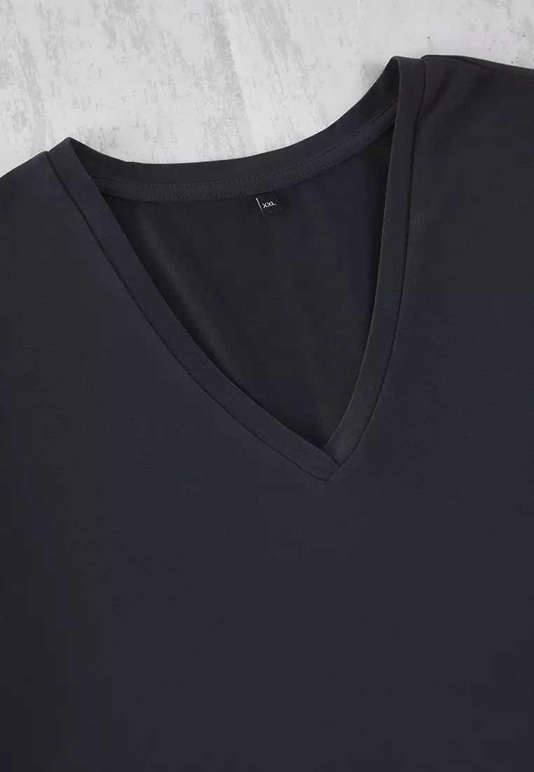 Anthracite V Neck Modal Flowy Comfortable Plus Size T-Shirt Tbbss25Bf00053
