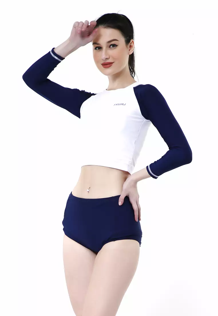 Mikayla Pakaian Renang Wanita Swimsuit Long Sleeve High Waist Material Lycra ORIGINAL - White Blue