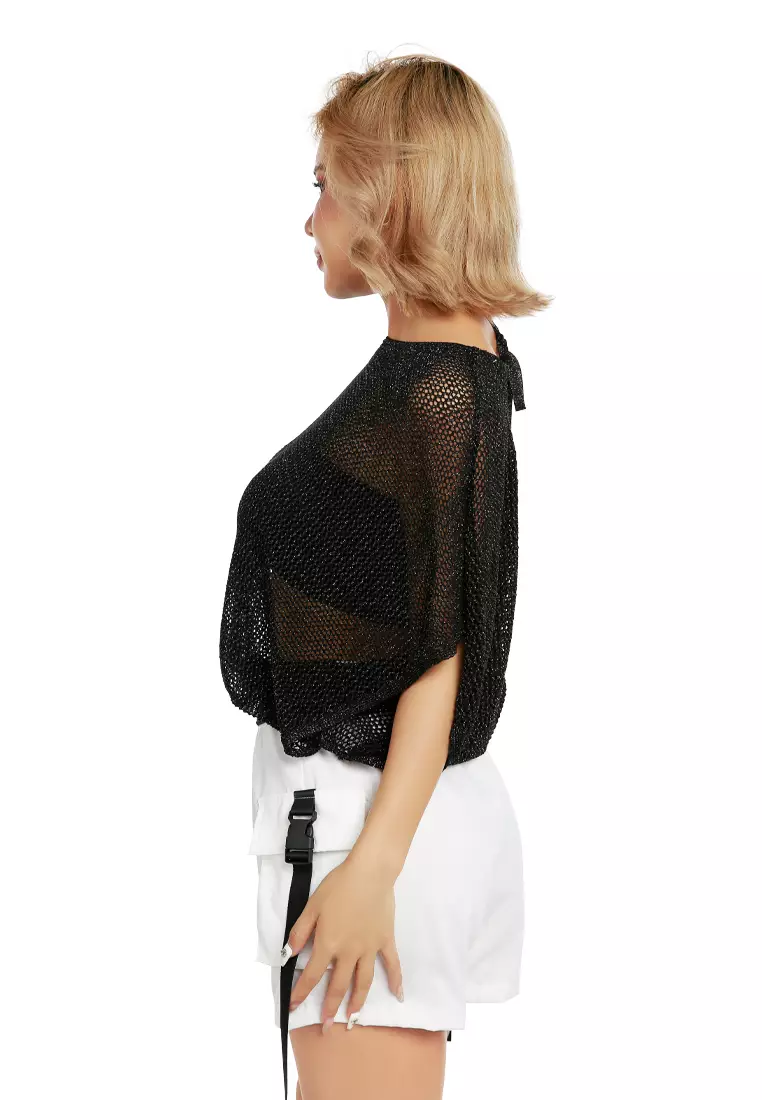 Atasan Tipis Rajutan Warna Hitam/Perak