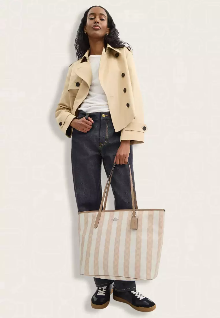 Coach Large City Tote Bag In Signature Canvas With Stripe Sand Tan