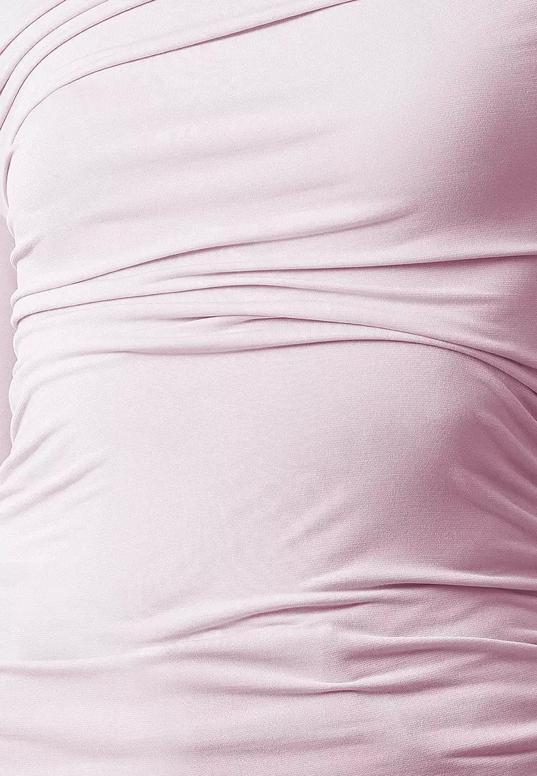 Pink Gathered/Draped Detailed Fitted Long Sleeve Flexible Knitted Blouse