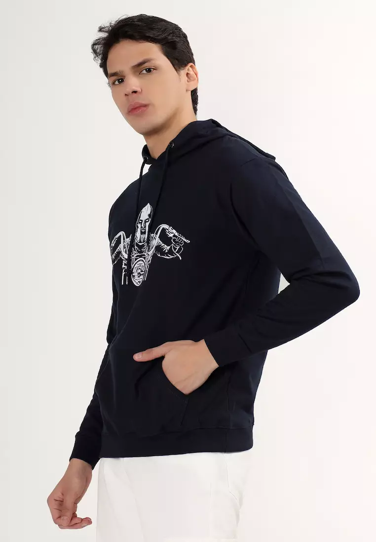 Mens Biker Print Rubber Print Cotton Relaxed Fit Hoodie, Blue,Training,Jogging,Premium look, Comfortable