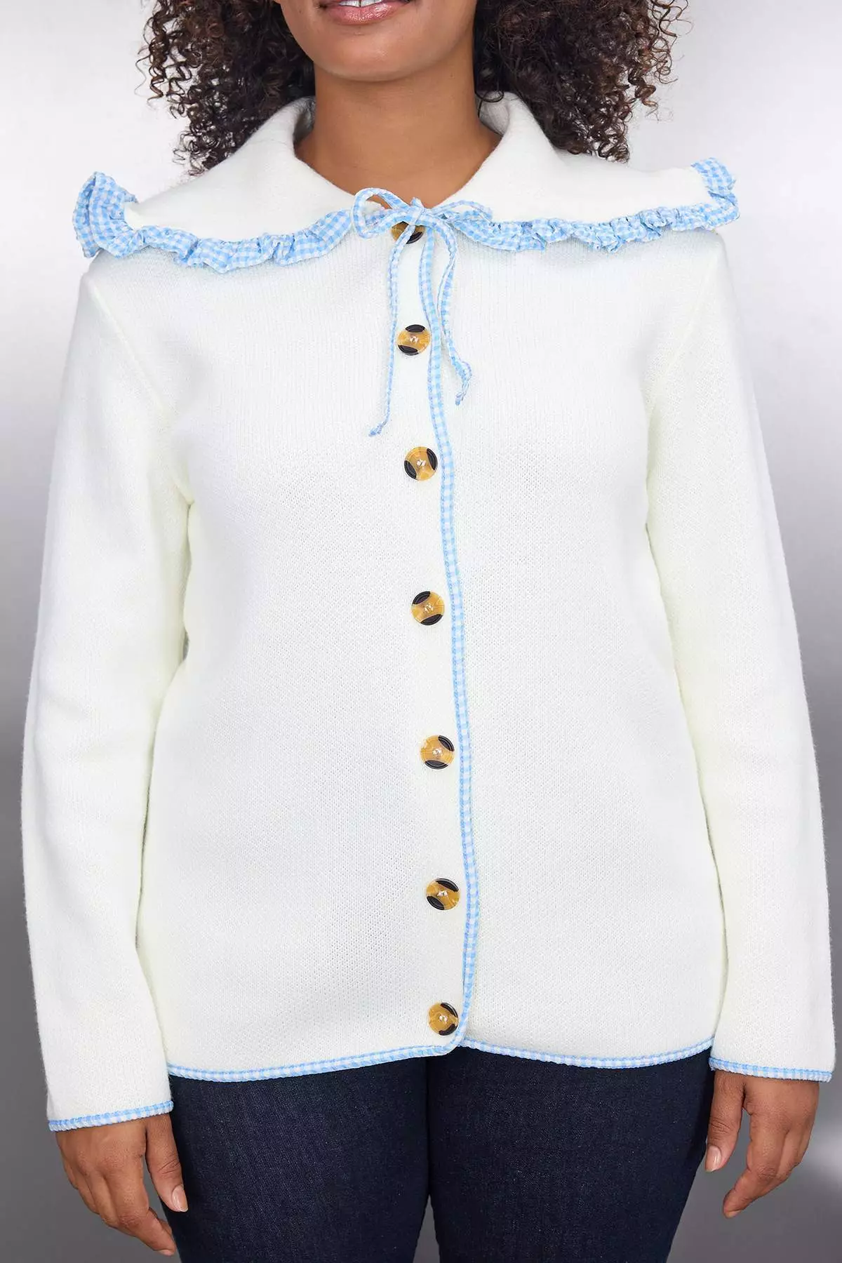 Ecru Soft Texture Turn-Down Collar Knitwear Cardigan
