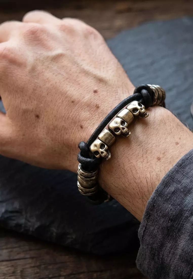Aksesoris Gelang Pria Skull Faces Bullet Stainless Steel 2 Layer Bracelet Black & Silver