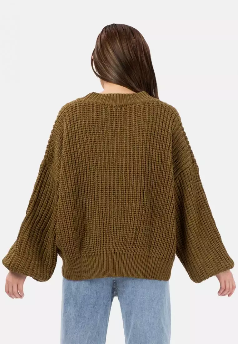 Button Puff Sleeve Knit Cardigan in Brown