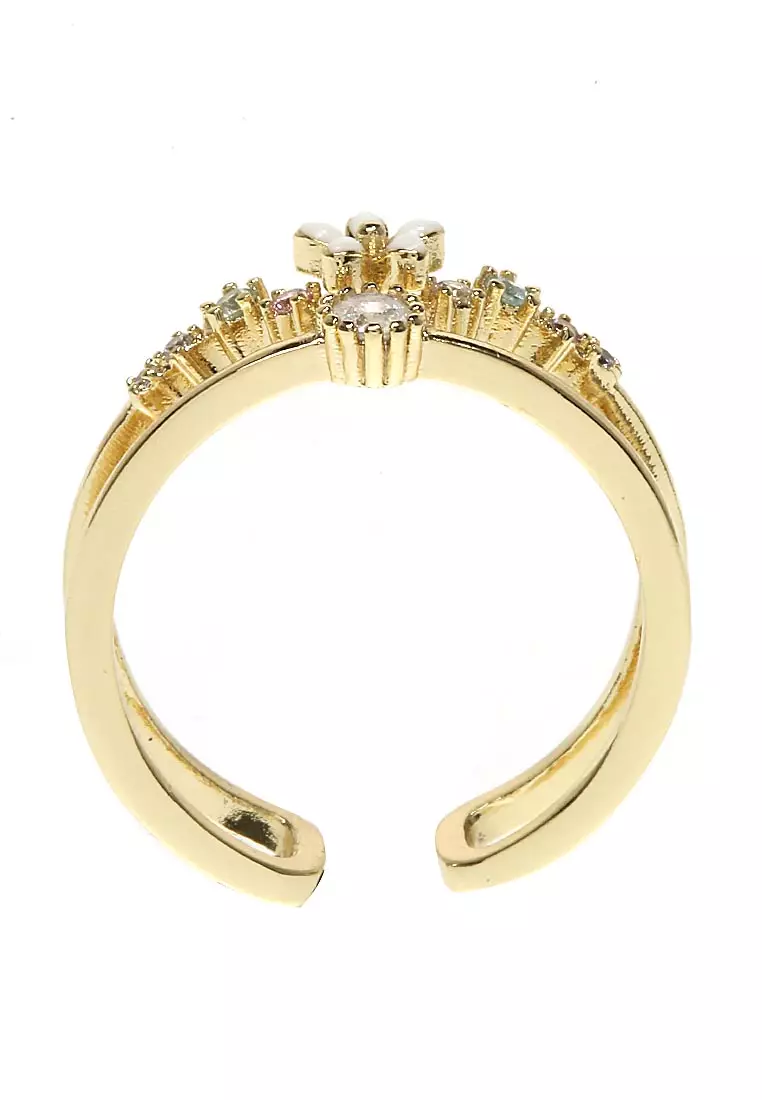 Cincin Wanita Rhodium Motif Bunga Look Elegant Premium Quality - Emas