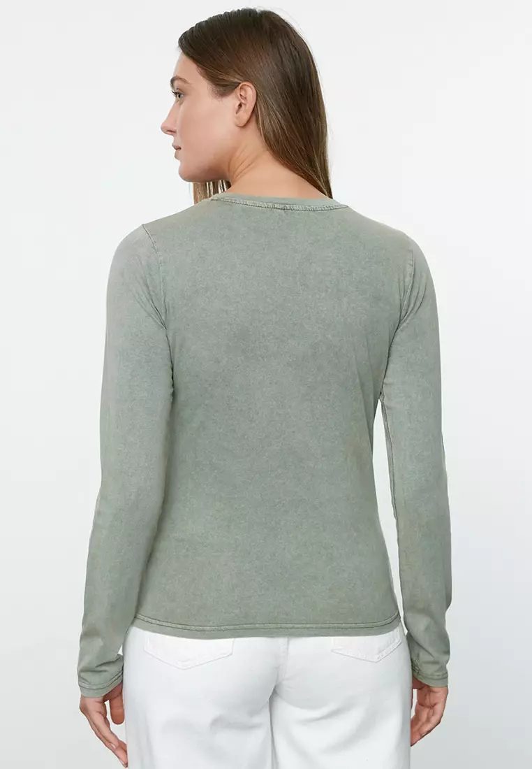 Khaki Slogan Long Slim T-Shirt