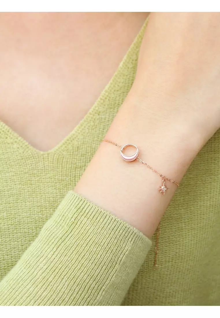 Delicate Gold 18K Rose Solid Gold Crescent Moon, Star, Mother of Pearl Bracelet for Women 93316B