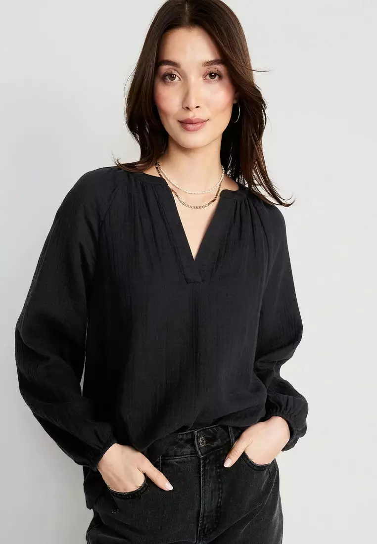 Split-Neck Linen-Blend Top for Women, Old Navy