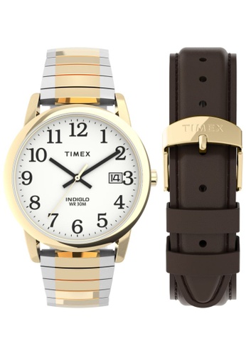 Timex silver and gold Timex Easy Reader® 35mm Expansion Band Watch and Leather Strap Box Set (TWG025500) 4F9B3ACADCCC1AGS_1