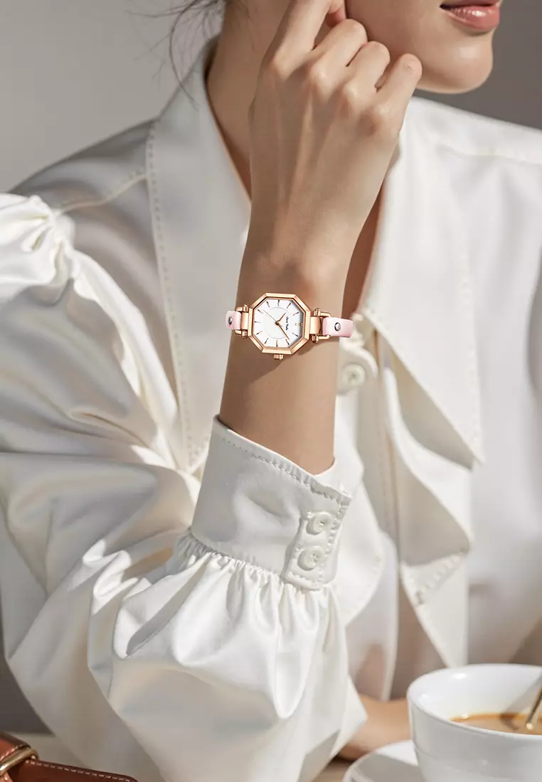 Jam Tangan Wanita Korea Anti Air Original Kuarsa Wanita Tali Kulit Jam Tangan Cewek Kotak Indah Pink