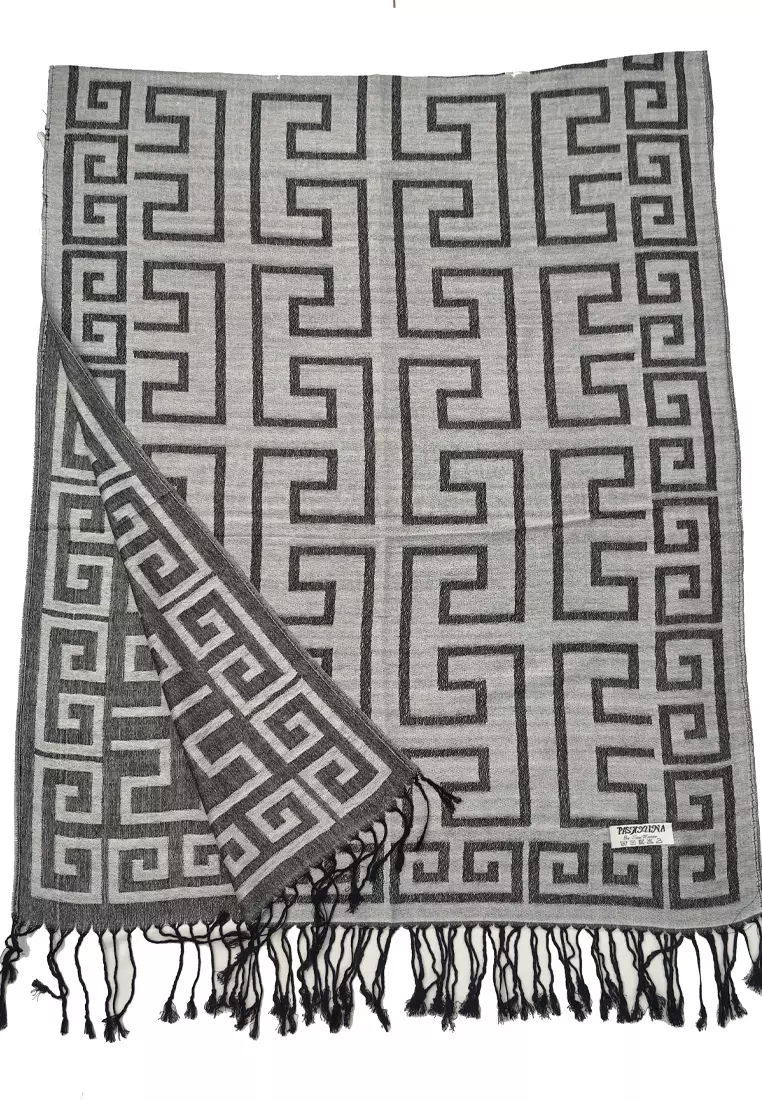 Aksesoris Wanita Reversible Viscose Geometric Maze Pattern Pashmina Shawl Syal Wanita Silver & Black