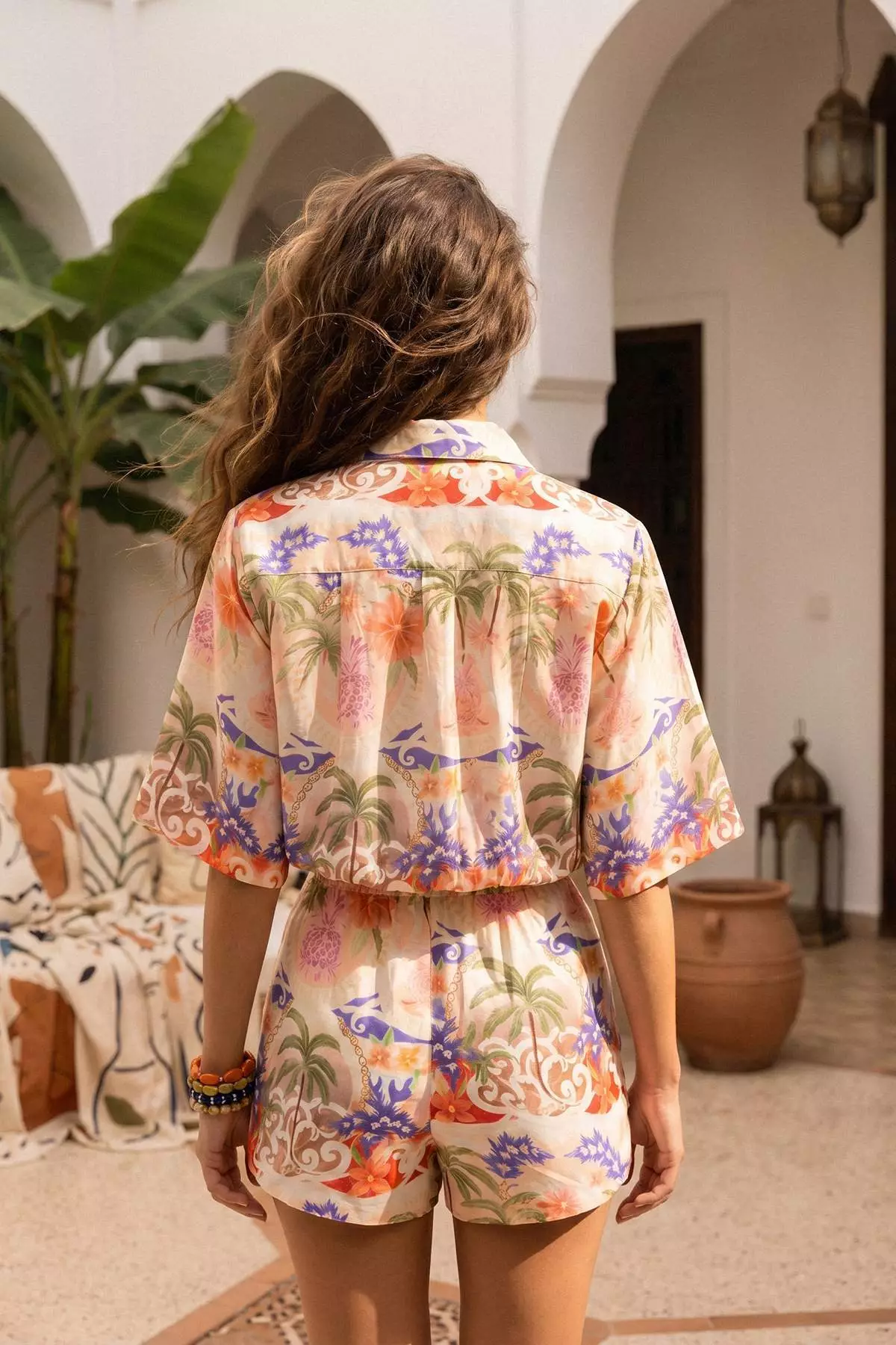 Tropical Patterned Woven Mini 100% Cotton Beach Shirt Shorts Set Tbess26Au00063