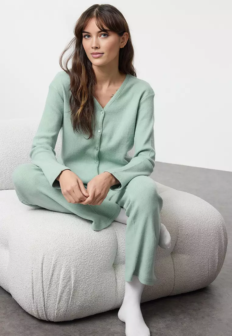 Brushed Soft Corded Cardigan Knitted Pajamas Set