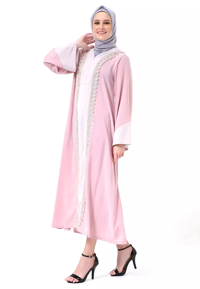 Catlana Long Hidden Pocket Abaya Turkey Variasi Renda Premium High Quality - Rose