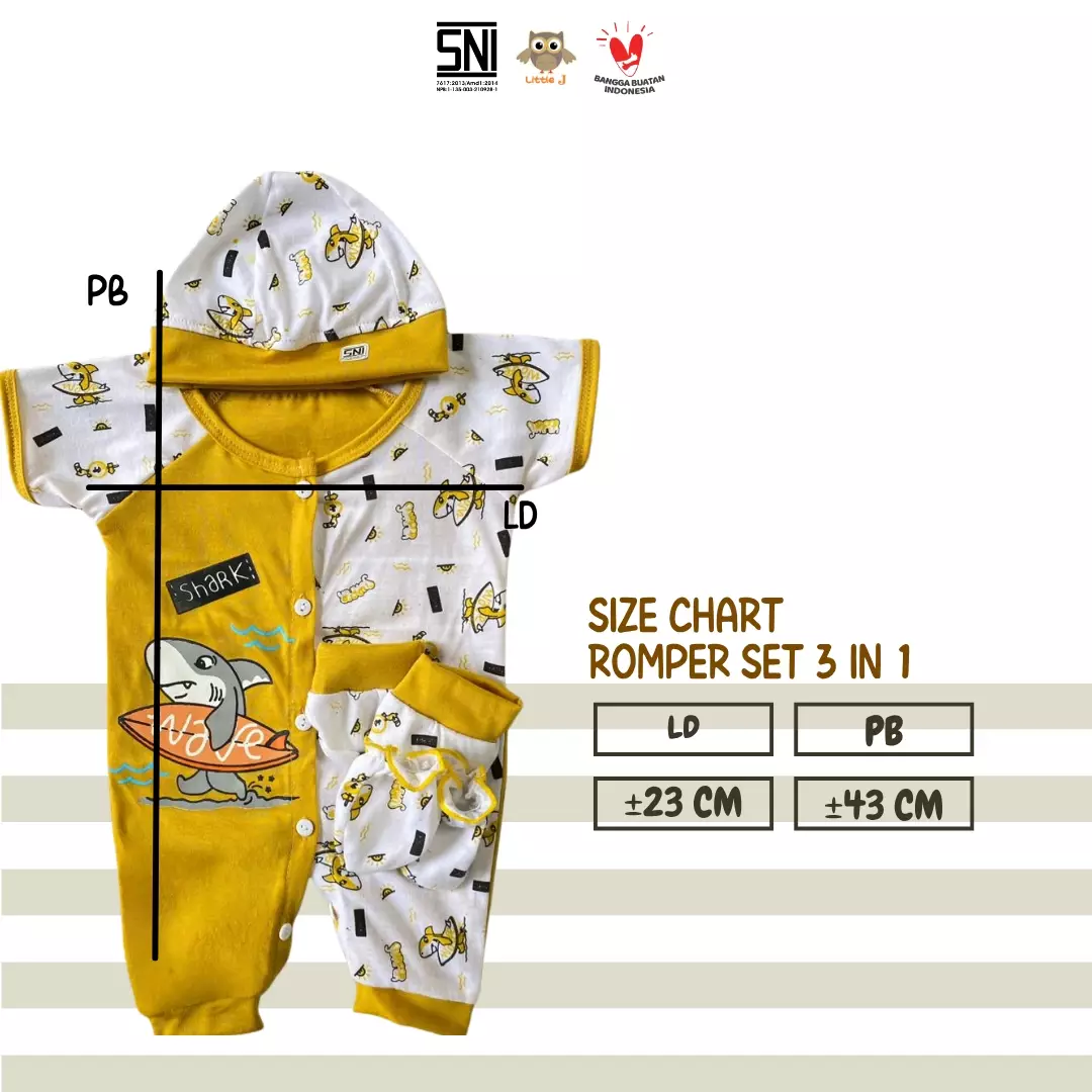 Little J - (1957) Romper Bayi 4in1 Motif Shark Setelan Bayi Newborn 0-9 Bulan Baju Bayi Laki-Laki Set Topi Sarung Tangan Kaki