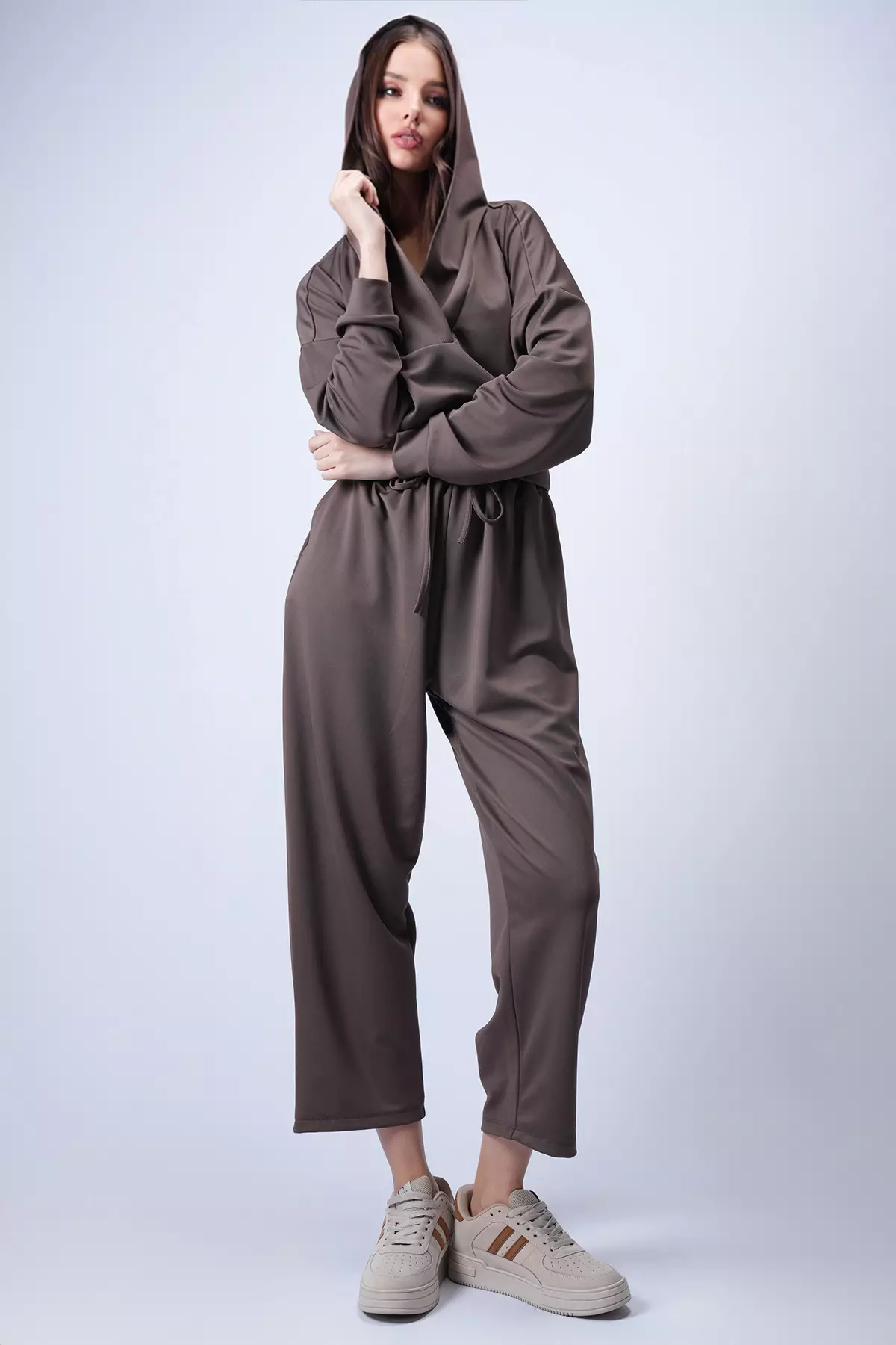 Women'S Bitter Brown Hooded Double-Breasted Collar Loose Fit Transitional Bottom Top Set Alc-X13268