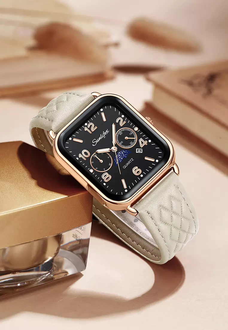 Jam Tangan Wanita Korean Kasual Mode Tali Kulit Kuarsa Jam Tangan Cewek Original whiteblack