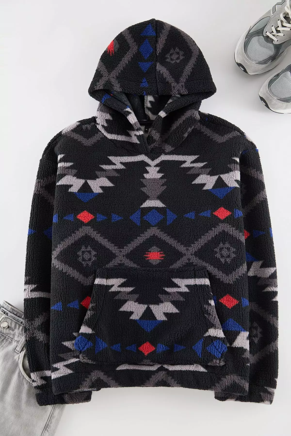 Black Unisex Oversize/Wide Cut Patterned Sherpa Fleece/Plush Hooded Sweatshirt TMNAW25SW00147