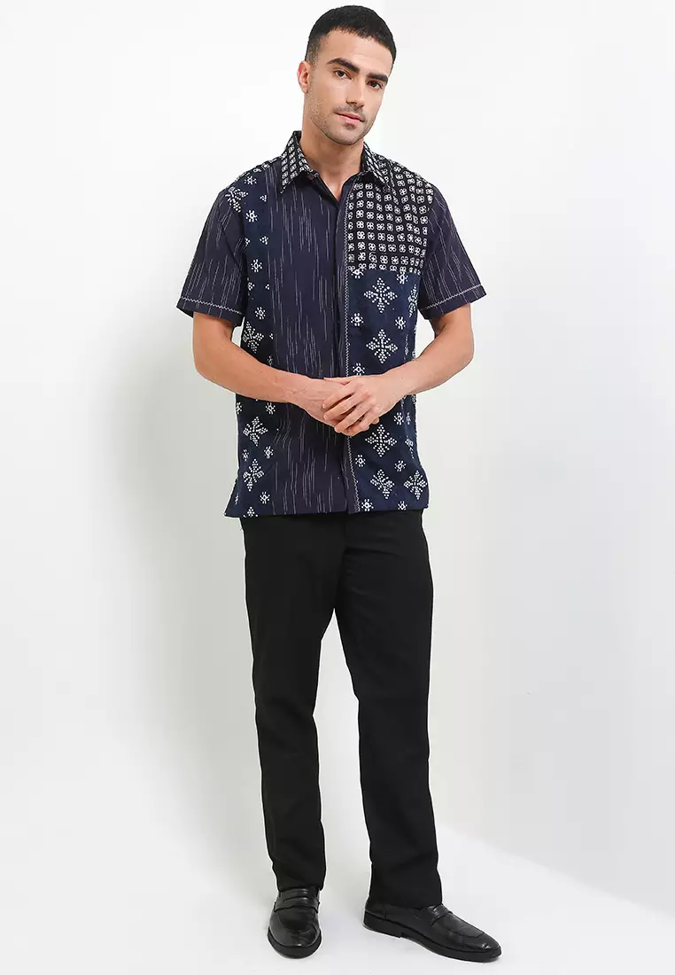 Kemeja Pria Lengan Pendek Batik Cap Dobby Spesial JFW Collection Binar Aksaja Navy
