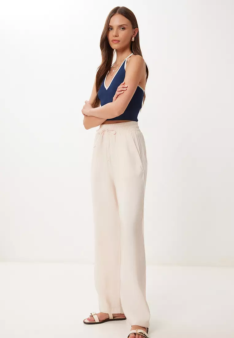 Women's Cream Wide Leg Summer Modal Trousers Bv00157