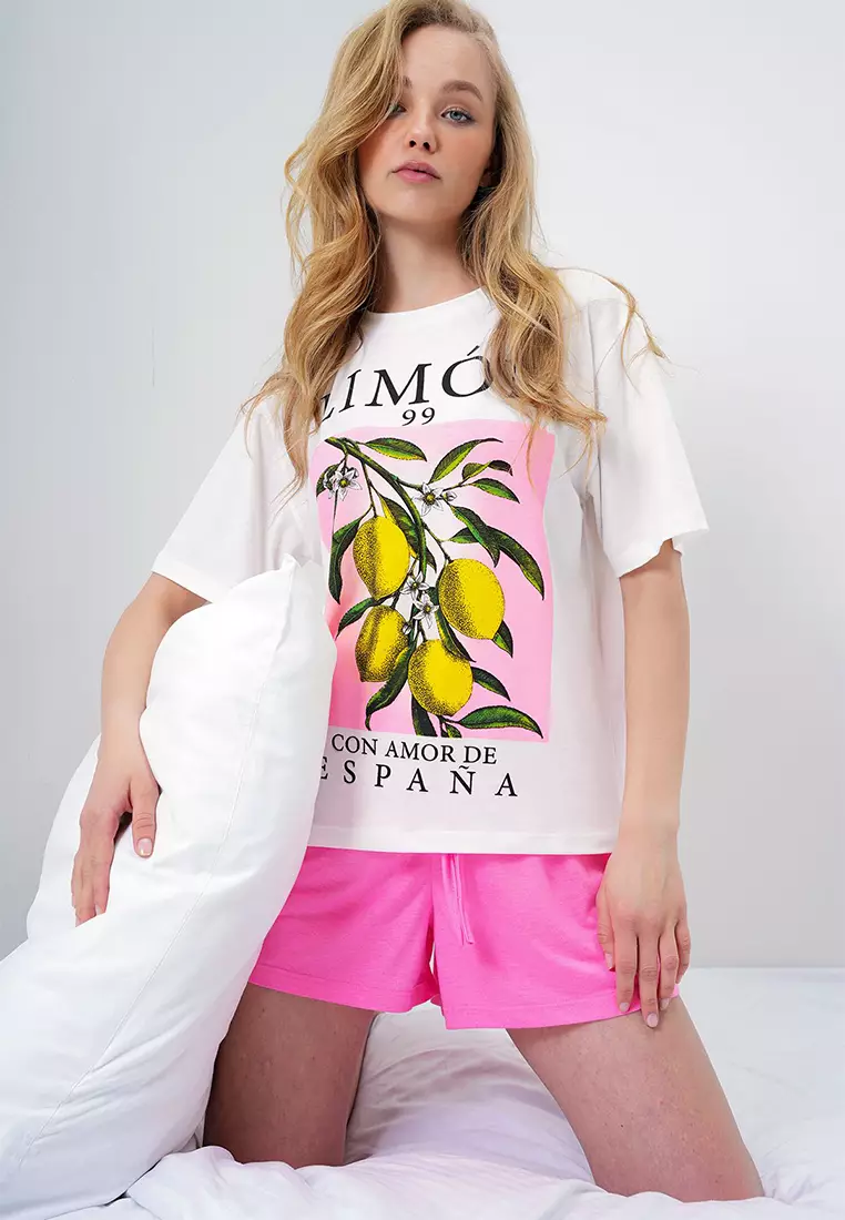 Women's Pink Lemon Printed Cotton Basic T-Shirt And Shorts Pajama Set Pjm-X13903
