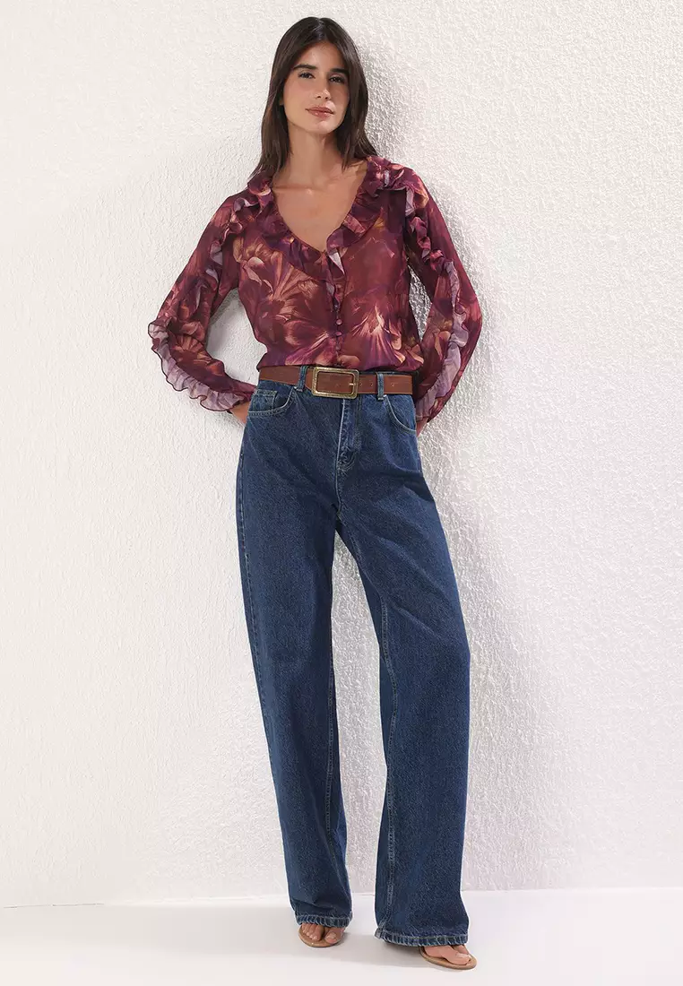Plum Chiffon Transparent Floral Ruffle Woven Shirt TWOSS25GO00063