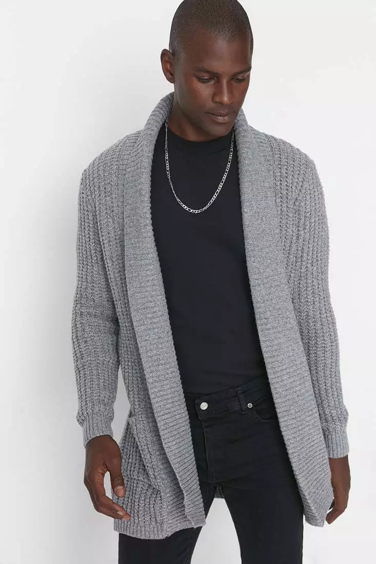 Mens grey wool cardigan on sale