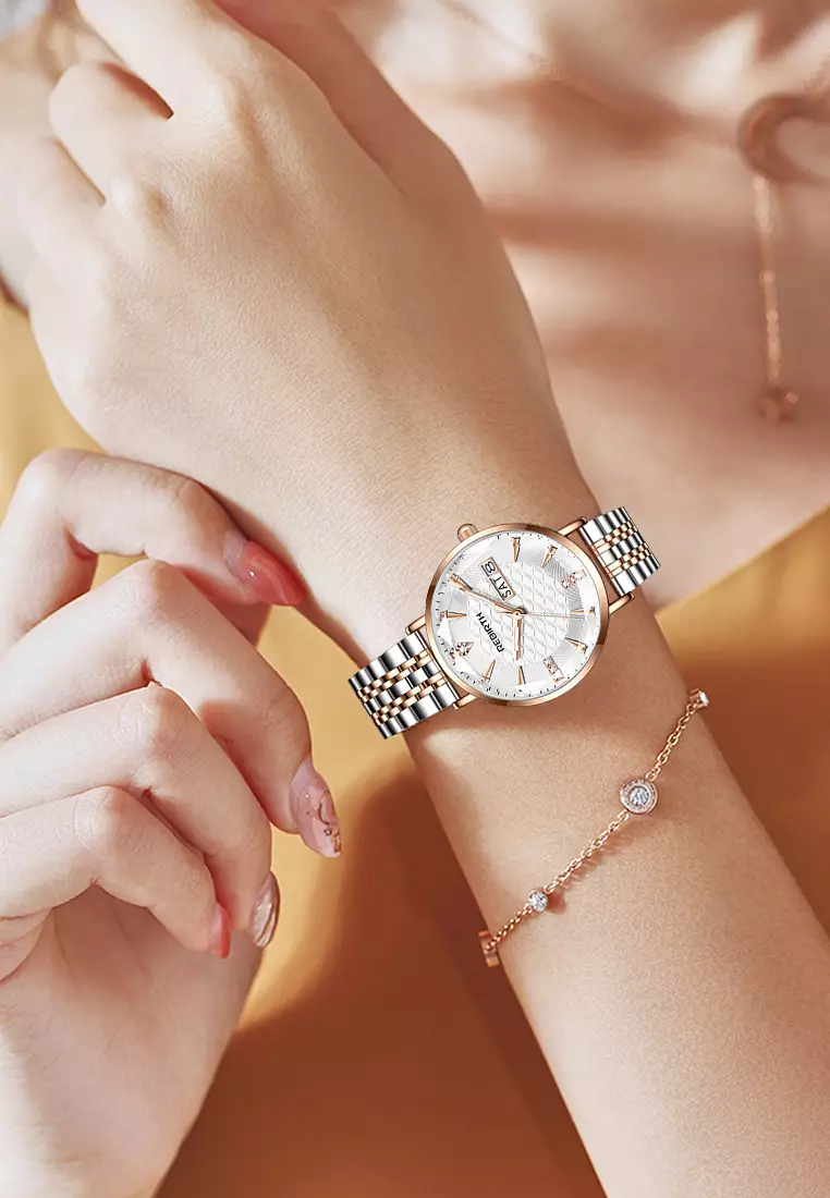 Jam Tangan Wanita Original Anti Air Tali Stainless Steel Jam Kuarsa Santai Mewah Jam Tangan Cewek rosewhite