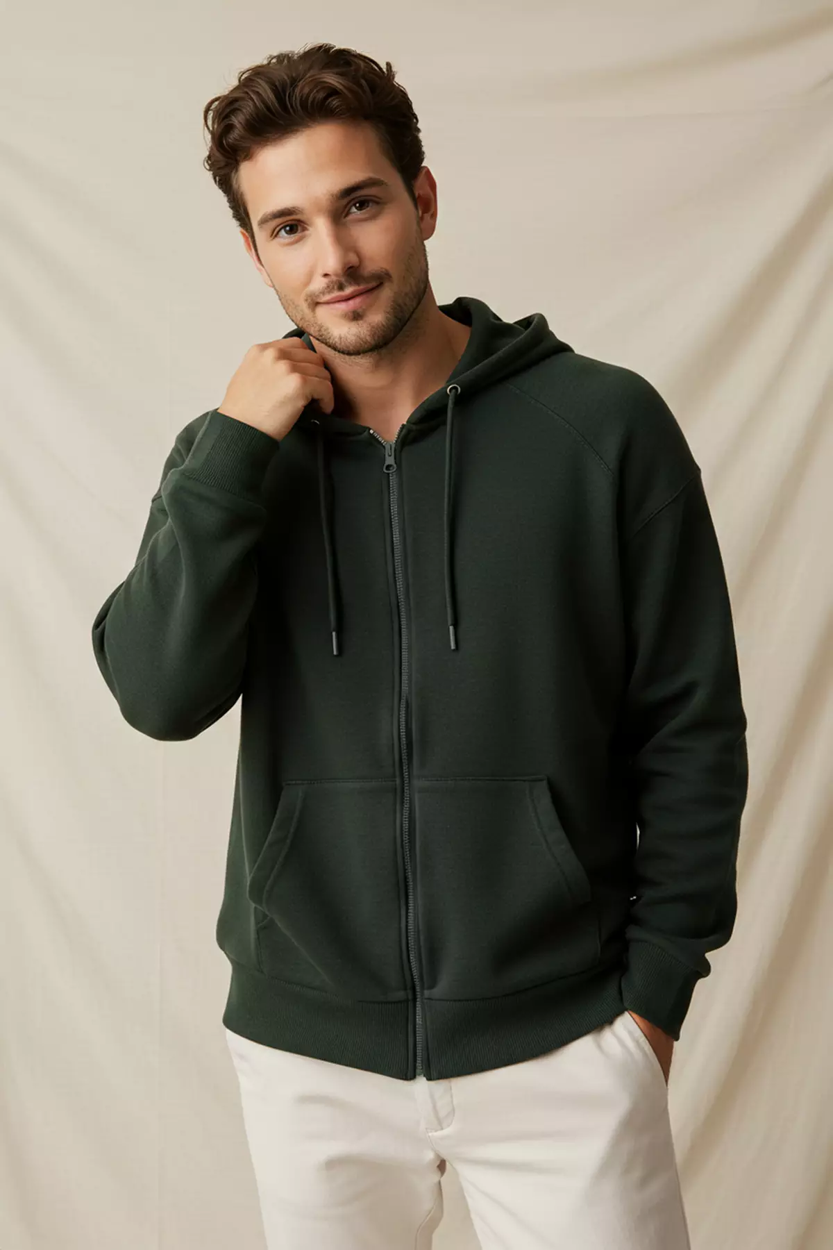 Dark Green Oversize/Wide Cut Zippered Basic Non-Raising Sweatshirt-Cardigan