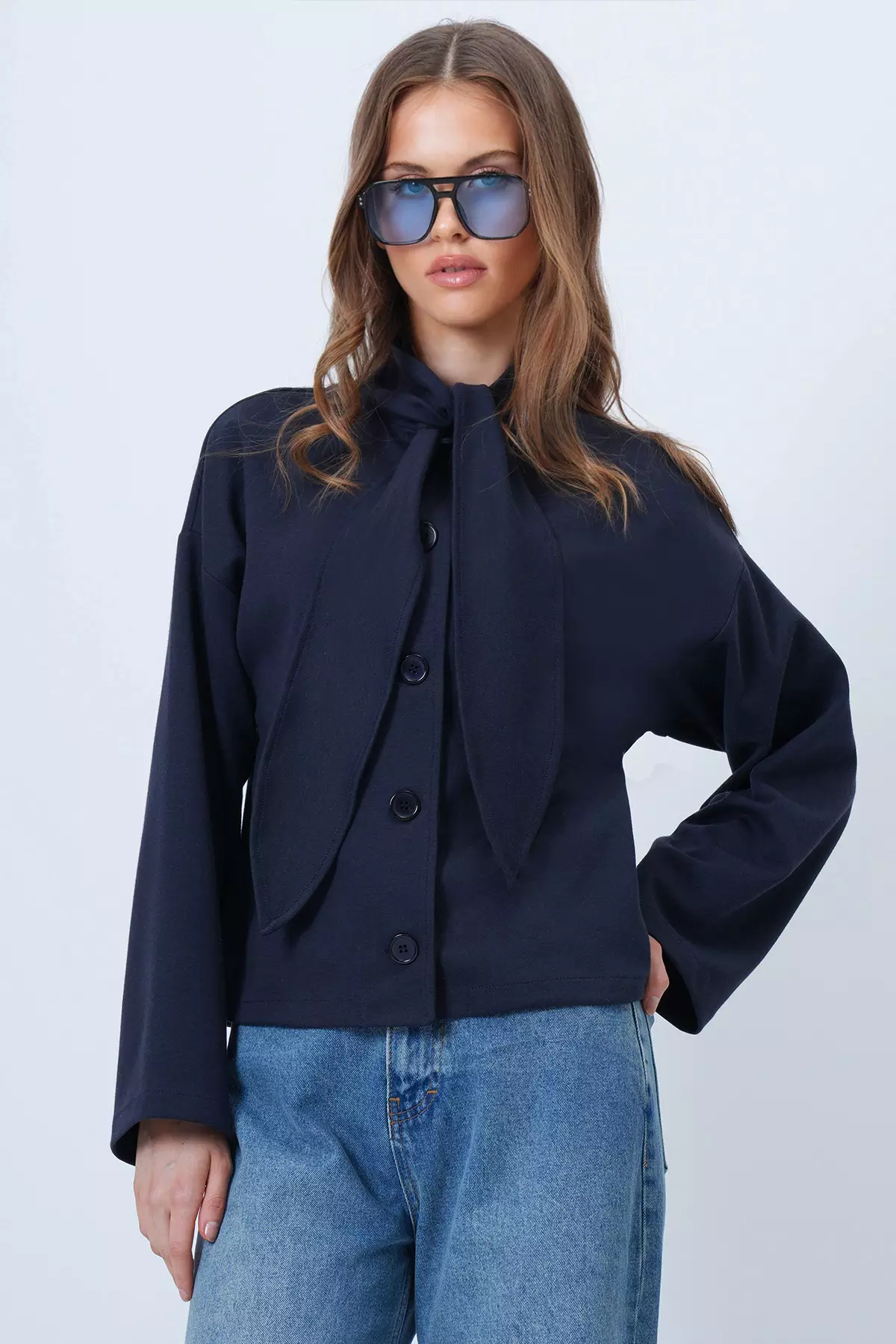 Navy Blue Buttoned Jacket With Scarf Detail Alc-X14669