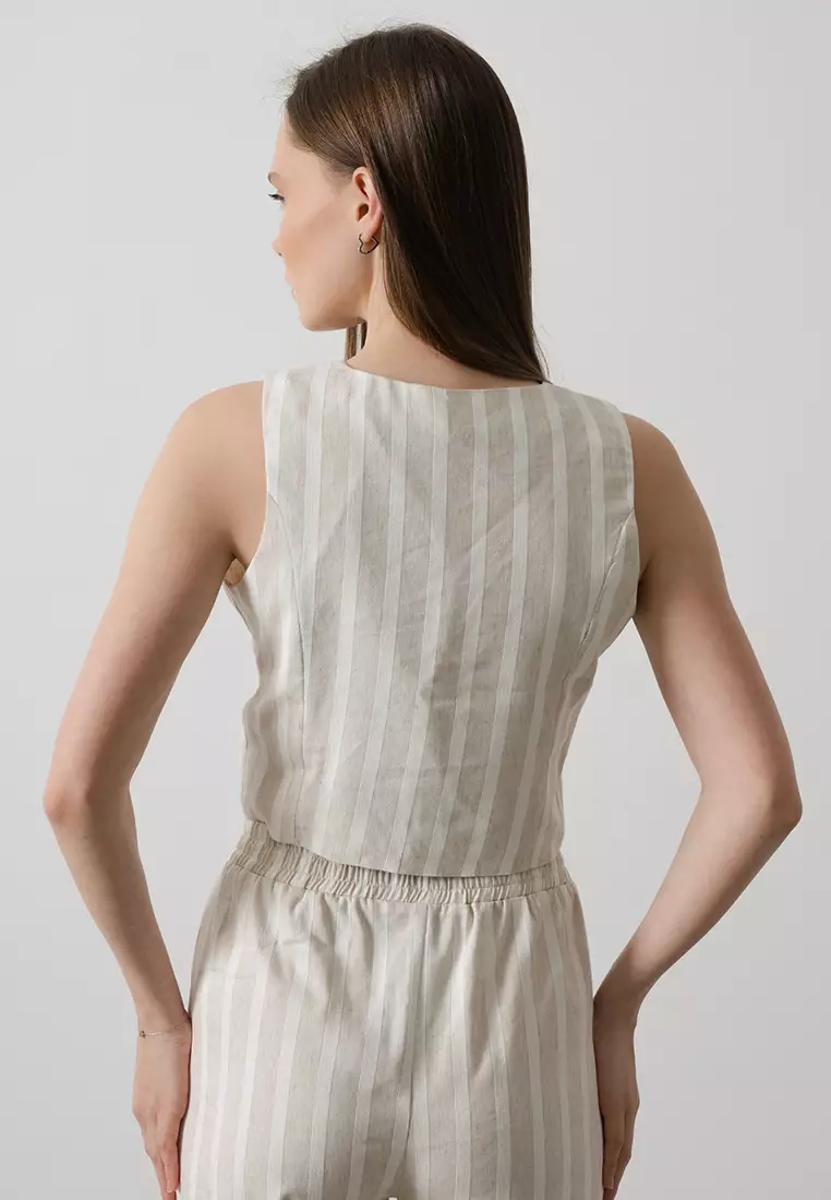 Beige Linen Look Front Tie Detail Striped V Neck Crop Woven Blouse TWOSS25BZ00159