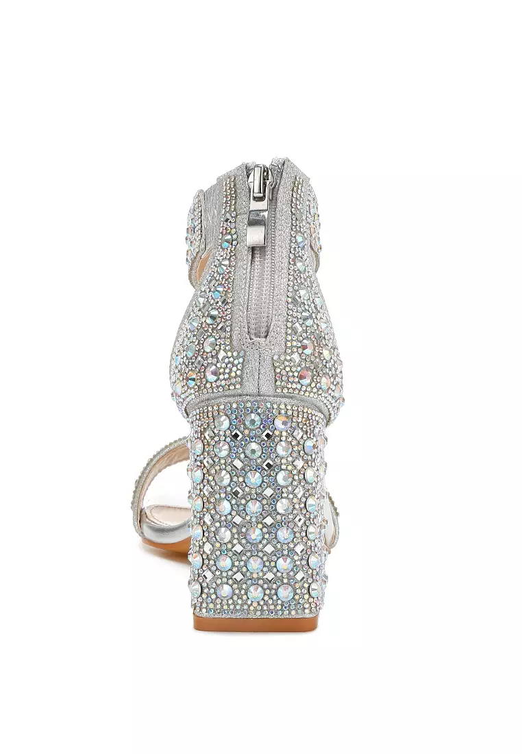 Rhinestones And Sequins Block Sandals in Silver