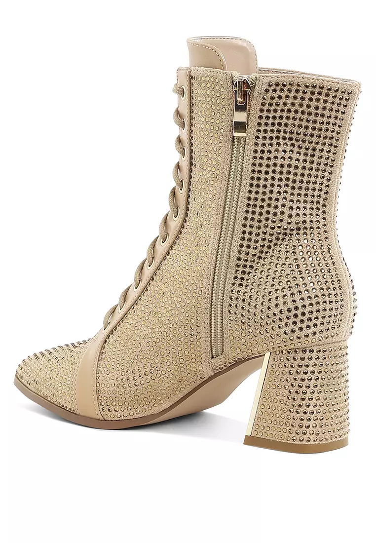 Rhinestone Embellished Ankle Boots In Beige