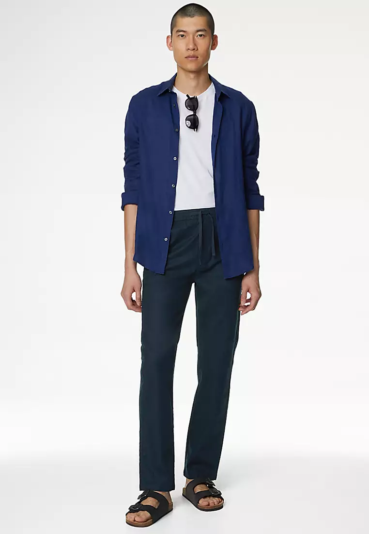 Tapered Fit Linen Blend Trousers