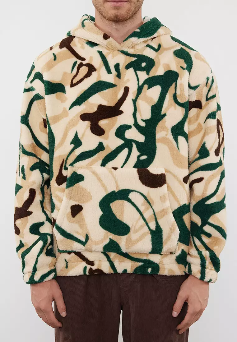 Multicolored Unisex Oversize/Wide Cut Patterned Sherpa Fleece/Plush Hooded Sweatshirt TMNAW25SW00147