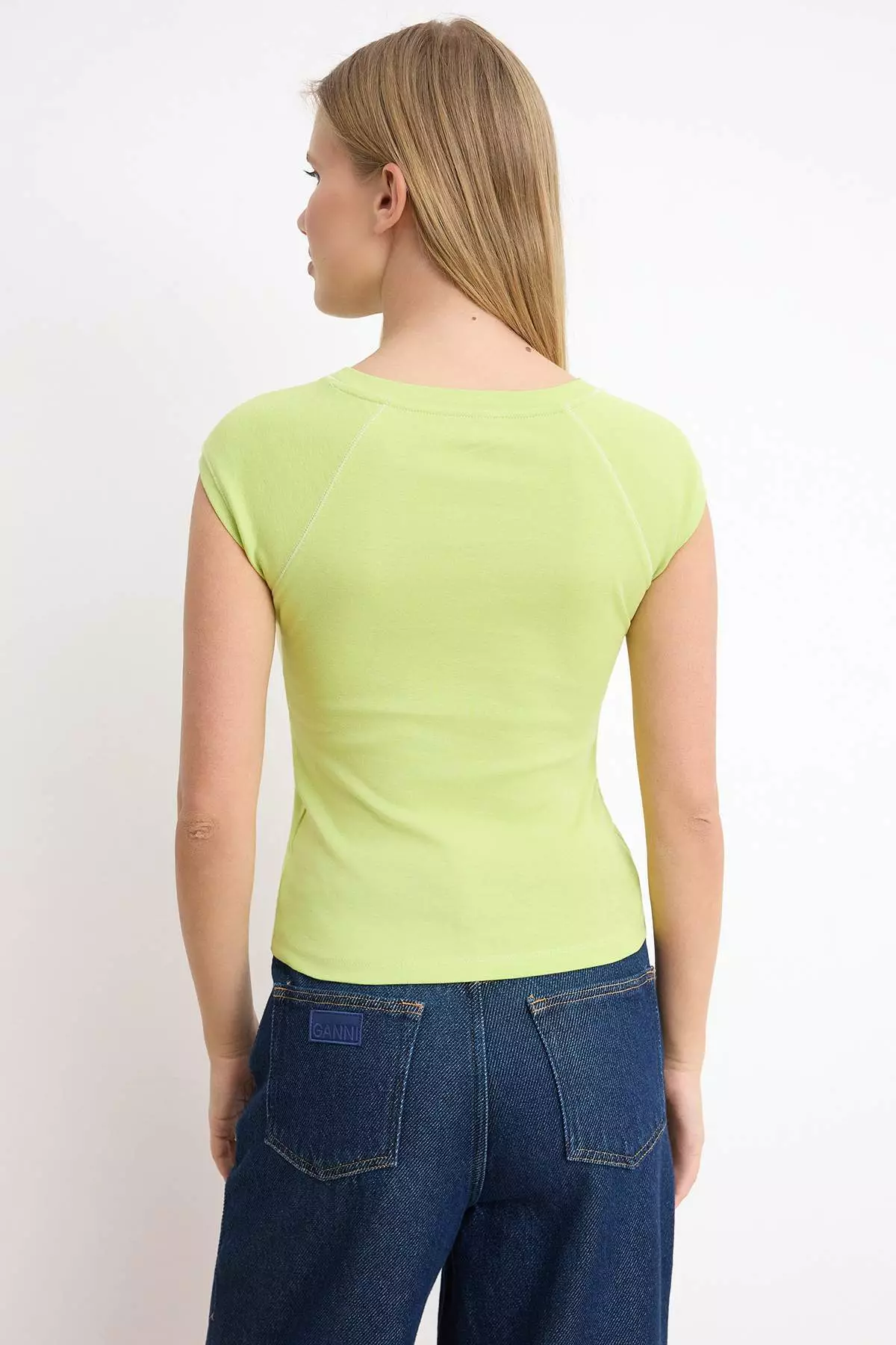 Lime Fitted/Body-Fitting Raglan Sleeve Short Sleeve Ribbed/Camisole Knitted Blouse Twoss26Bz618