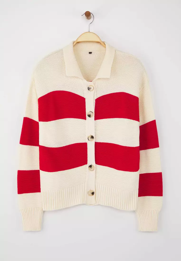Teen Stone Striped Polo Neck Knit Cardigan Twoaw26Hi00202