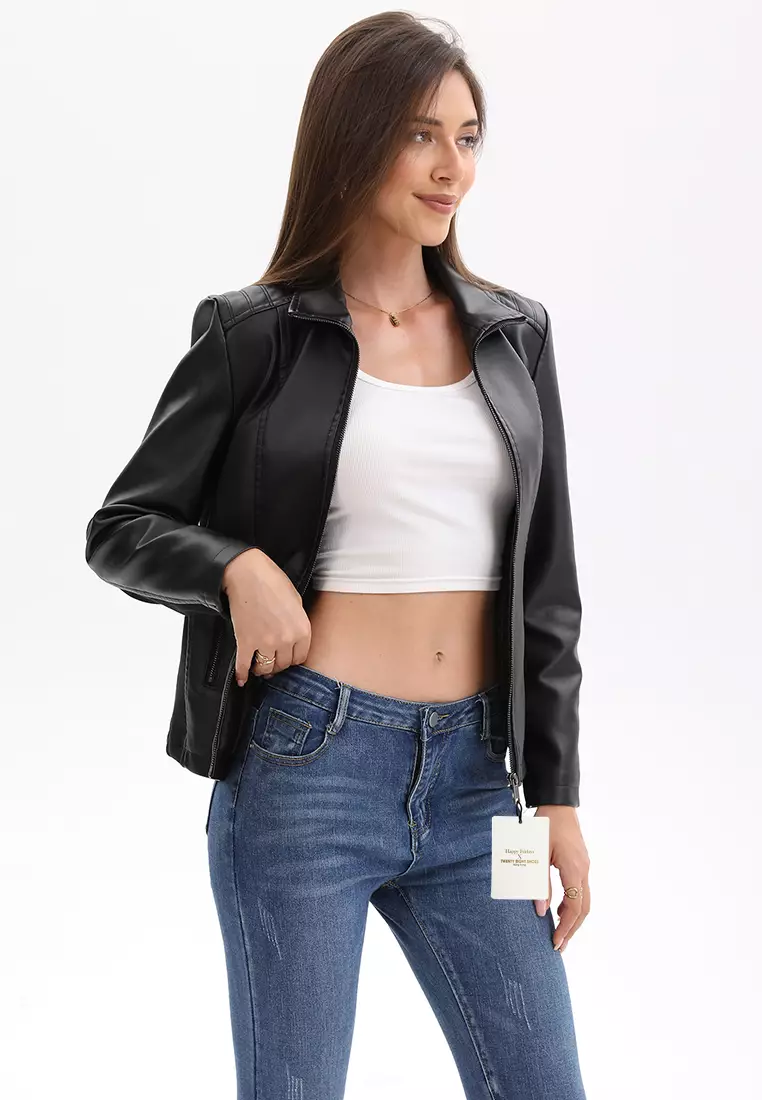 Patchwork Knit Faux Leather Biker Jacket AD-M25PJ49